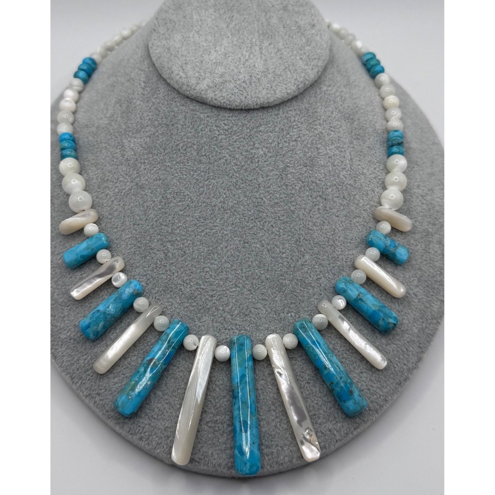 Jay King Mother of Pearl Azure Peaks Turquoise Fringe Necklace Sterling Silver